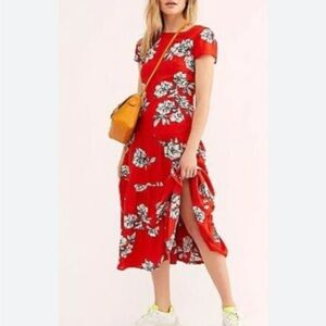 Free People Red Combo Rita Floral Print Short Sleeve Tiered Midi Dress Size XS